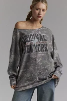 New York Graphic Camo Off-The-Shoulder Long Sleeve Tee