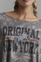 New York Graphic Camo Off-The-Shoulder Long Sleeve Tee