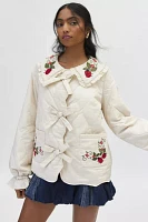 Neon Rose Embroidered Bow Tie-Front Quilted Jacket