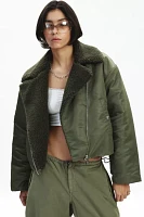 Trunk Project Khaki Faux Shearling Cropped Biker Jacket