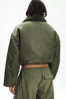 Trunk Project Khaki Faux Shearling Cropped Biker Jacket