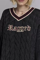 The Ragged Priest Embroidered Graphic V-Neck Cable Knit Sweater