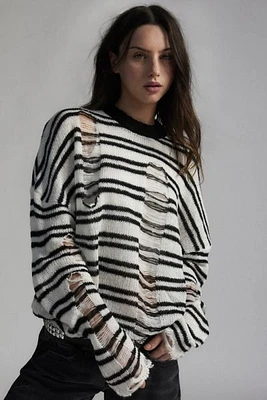 The Ragged Priest Dexter Distressed Striped Crew Neck Sweater