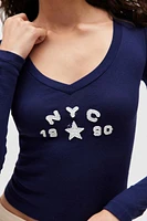 NYC 1990 Applique V-Neck Long Sleeve Tee