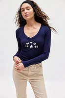 NYC 1990 Applique V-Neck Long Sleeve Tee