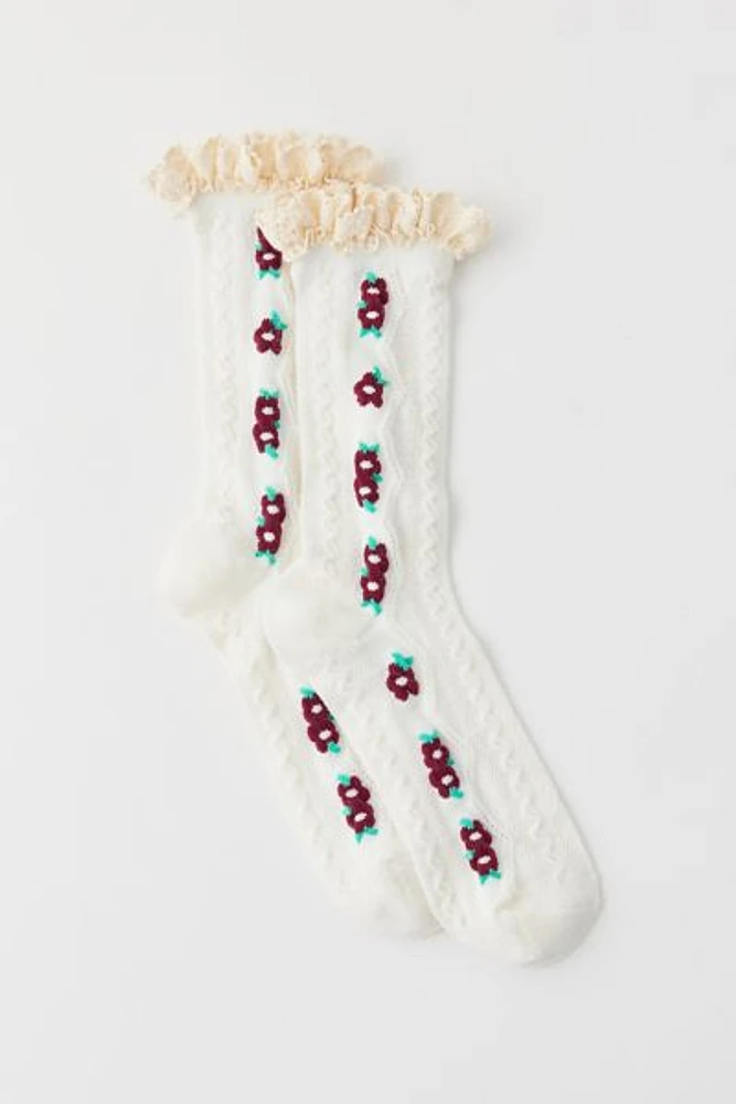 Lace-Trim Floral Crew Sock