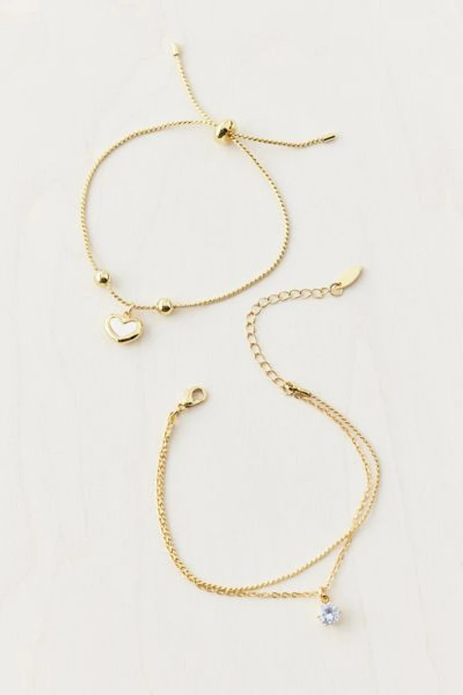 14k Gold Plated Heart & Rhinestone Bracelet Set