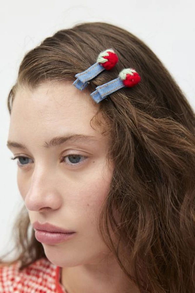 Denim Strawberry Hair Clip Set