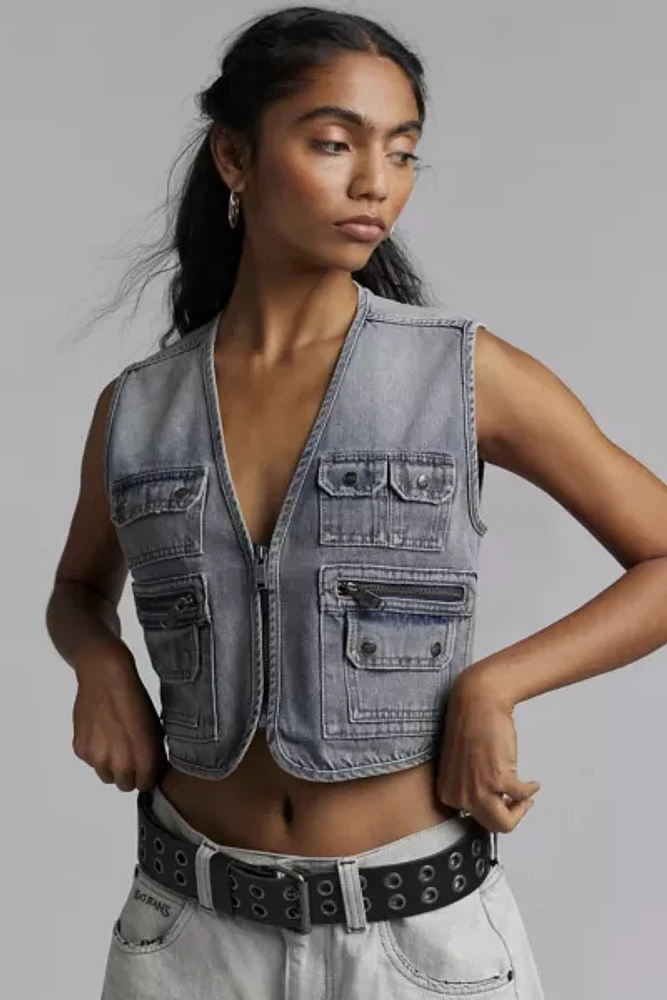 One Teaspoon Island Blue Cropped Denim Utility Vest