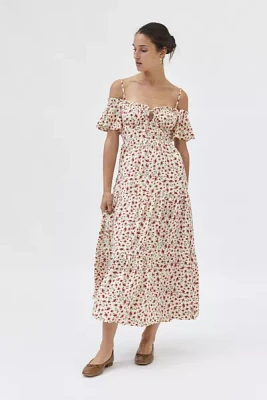 Kiss The Sky Rose Print Cold Shoulder Maxi Dress