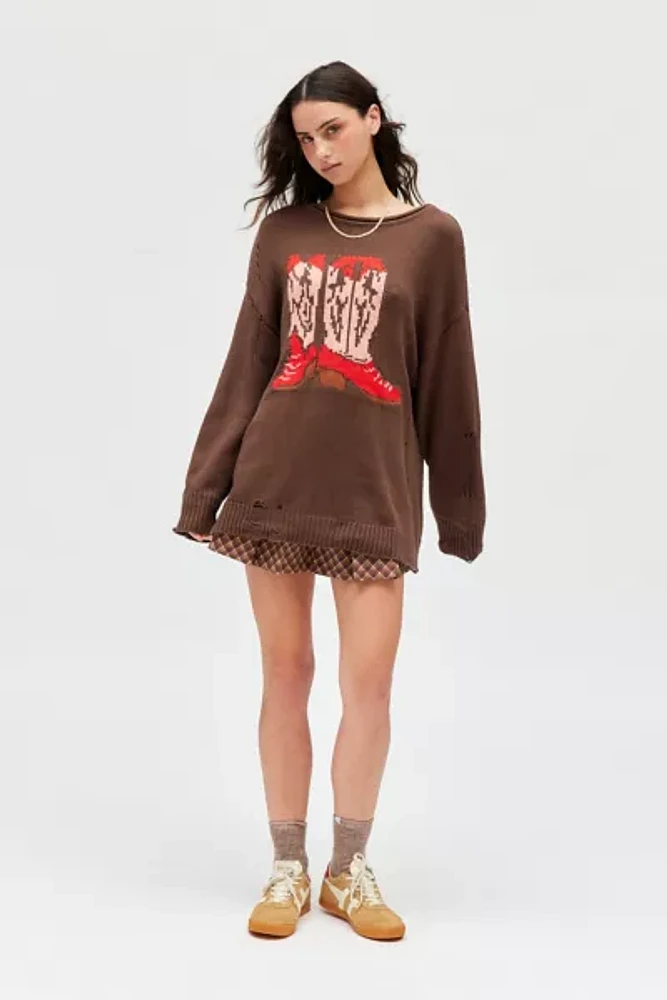 BDG Stella Cowboy Boot Graphic Distressed Pullover Sweater