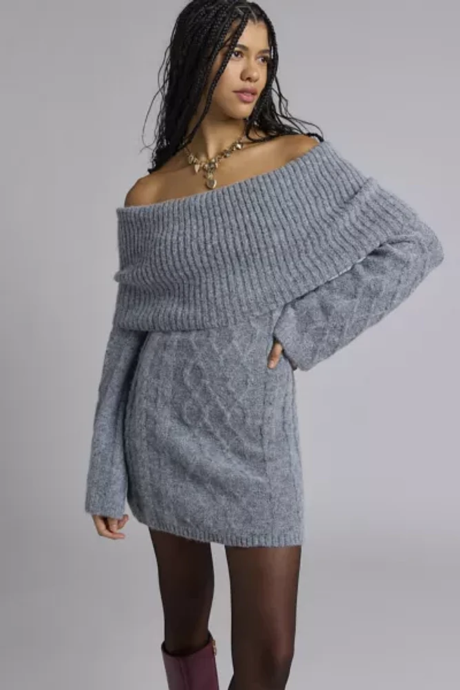 Glamorous Charcoal Marled Knit Off-The-Shoulder Sweater Mini Dress