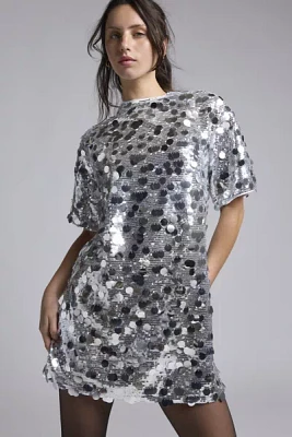 Glamorous Silver Paillette Sequin Mockneck Mini Dress