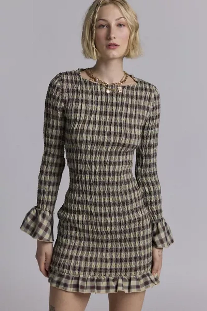 Daisy Street Shirred Plaid Long Sleeve Mini Dress