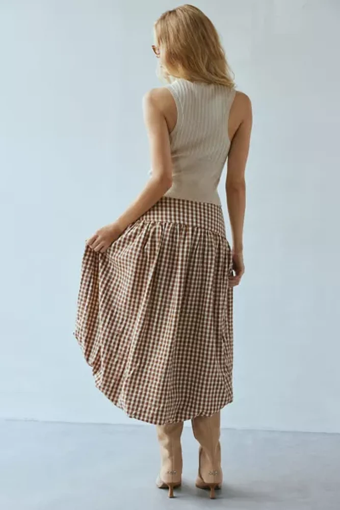 For Love & Lemons Gingerbread Gingham Midi Skirt