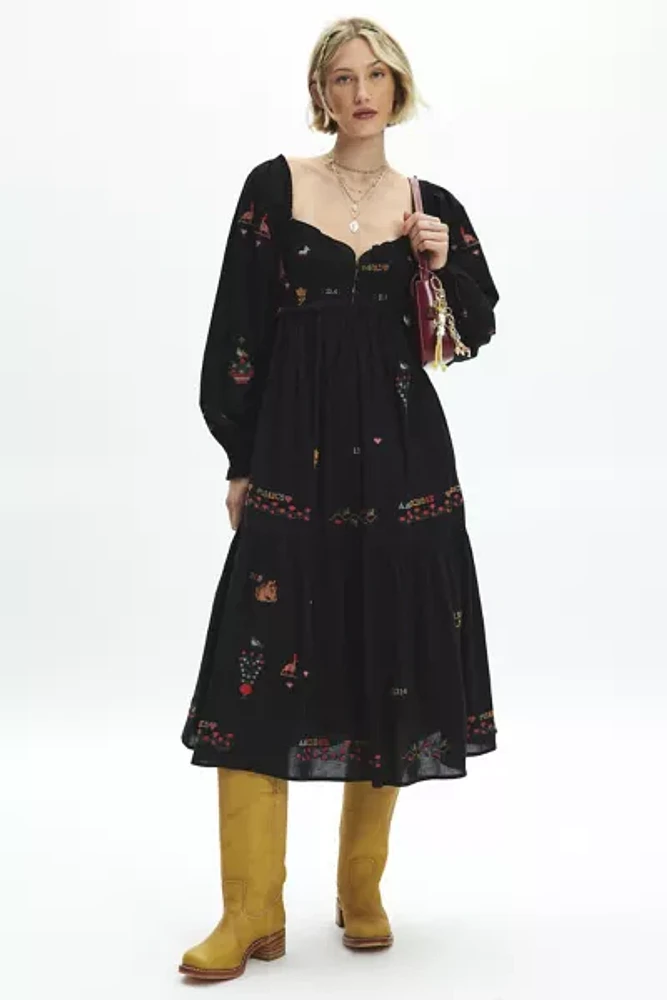 Kimchi Blue Fiona Embroidered Long Sleeve Babydoll Midi Dress