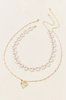 Pearl Heart Choker Layering Necklace Set