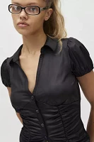 Ecote Nicola Ruched Satin Fitted Button Down Top