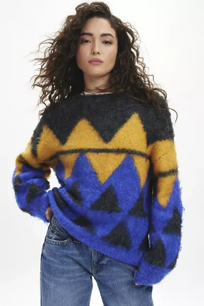 BDG Angela Fuzzy Printed Knit Oversized Crew Neck Sweater