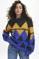 BDG Angela Fuzzy Printed Knit Oversized Crew Neck Sweater