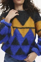 BDG Angela Fuzzy Printed Knit Oversized Crew Neck Sweater