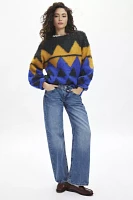 BDG Angela Fuzzy Printed Knit Oversized Crew Neck Sweater