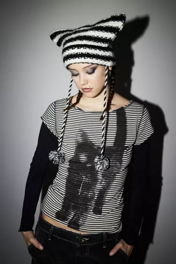 Mylo Striped Tassel Fuzzy Beanie