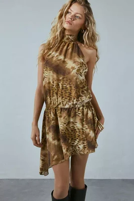 Ecote Delphone Leopard Asymmetric Halter Mini Dress