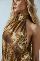 Ecote Delphone Leopard Asymmetric Halter Mini Dress