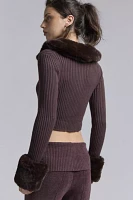 House Of Sunny Chocolate Peggy Faux Fur Trim Zip-Up Sweater