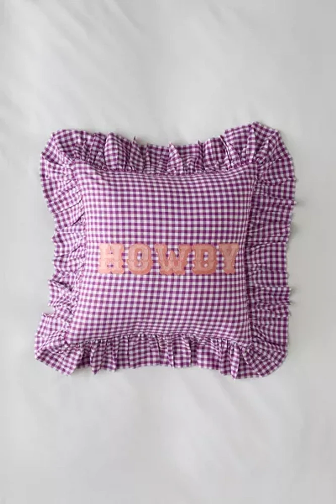 Gingham Howdy Slogan Text Ruffle Throw Pillow