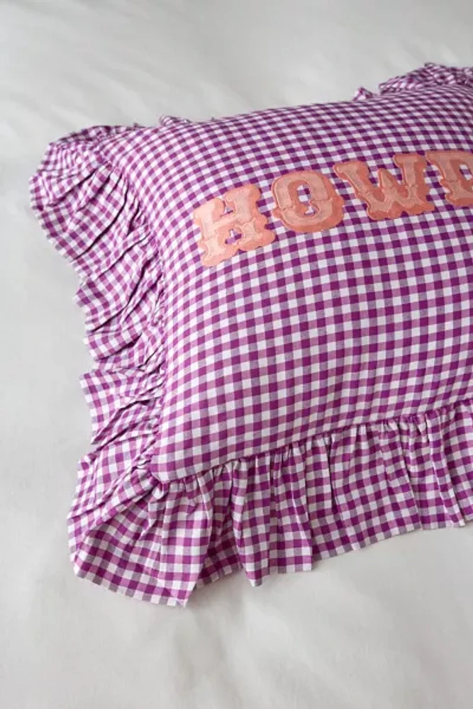 Gingham Howdy Slogan Text Ruffle Throw Pillow
