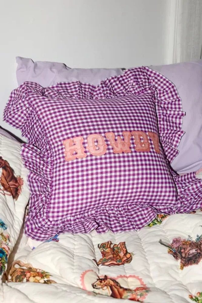 Gingham Howdy Slogan Text Ruffle Throw Pillow