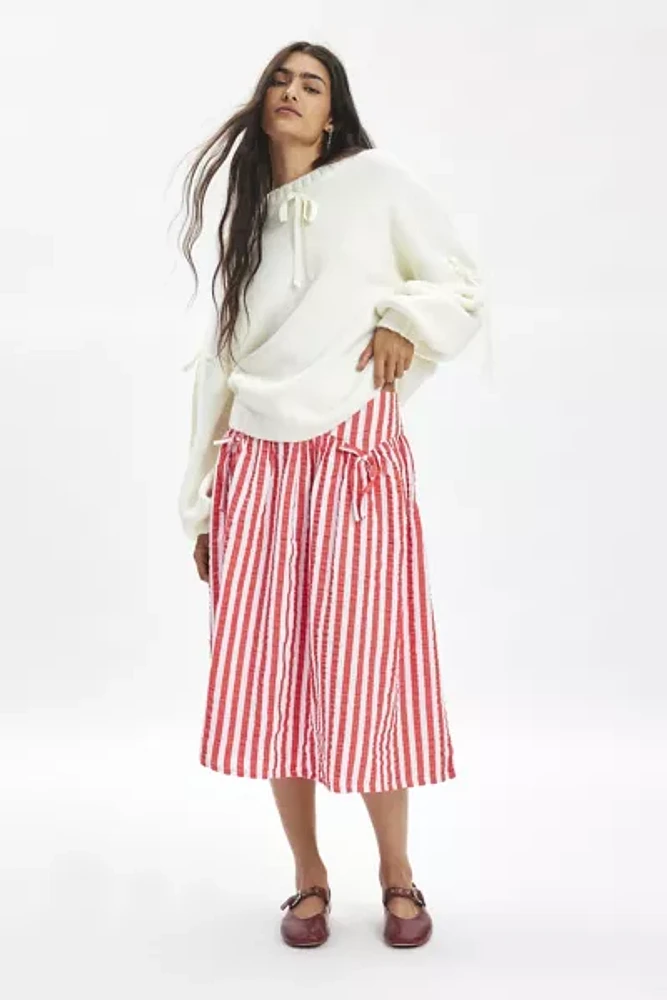 Neon Rose Ruby Striped Cotton Drop Waist Midi Skirt