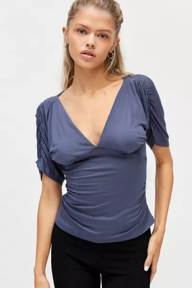 Silence + Noise Valeria Dolman Ruched V Neck Top