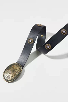 Etched Buckle Studded Western Leather Belt