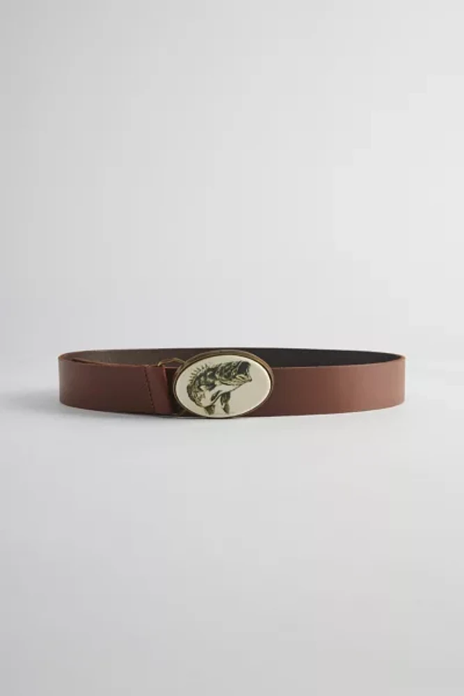 Fish-Printed Oval Buckle Leather Belt