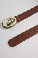 Fish-Printed Oval Buckle Leather Belt