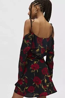 Kiss The Sky Rose Satin Cold Shoulder Bell Sleeve Mini Dress