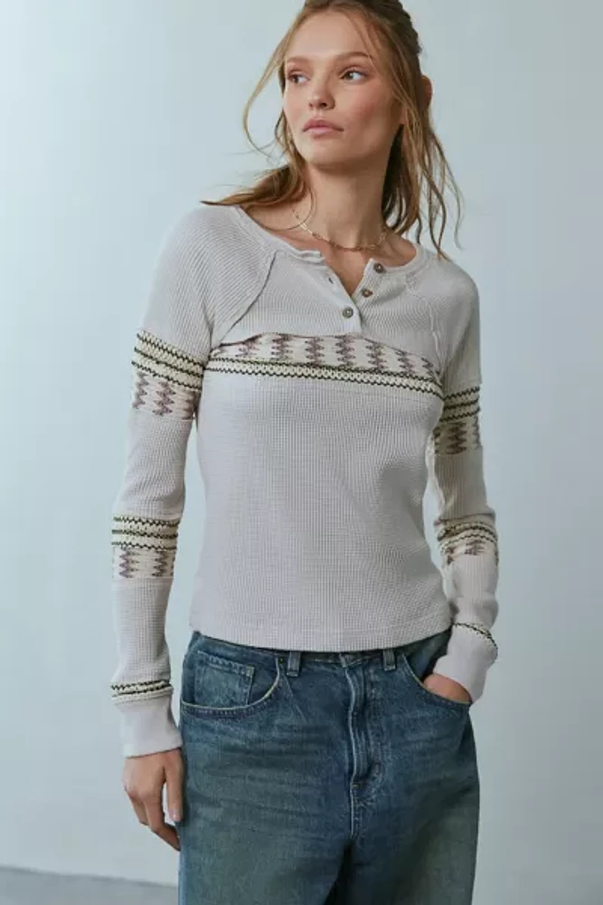 BDG Josie Embroidered Thermal Long Sleeve Henley Tee