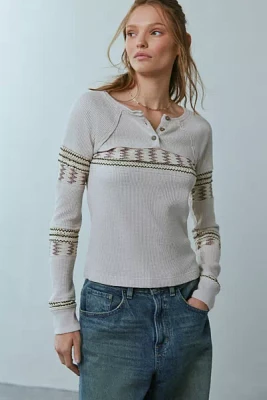 BDG Josie Embroidered Thermal Long Sleeve Henley Tee