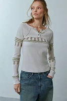 BDG Josie Embroidered Thermal Long Sleeve Henley Tee