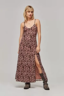 UO Pink Mesh Flocked Maxi Dress