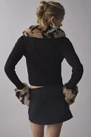 House Of Sunny Peggy Leopard Faux Fur Trim Zip-Up Sweater