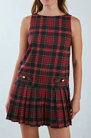 Neon Rose Red Check Plaid Pinafore Mini Dress