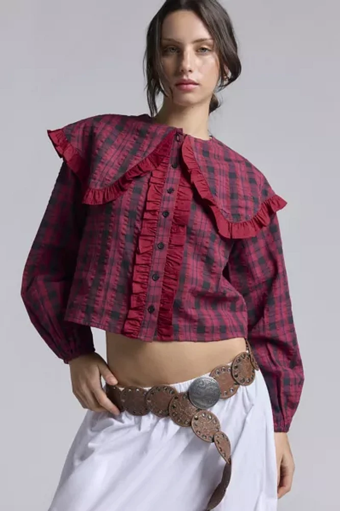 Neon Rose Gracie Oversized Collar Ruffle Trim Plaid Blouse