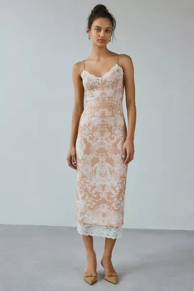 chinese dress ladies Women's Rosie Pleated Slit Sleeved Mesh Lace Midi Dress S/M/L/Customize White Mixed Lace Mean Blvd L / White / Mixed Lace