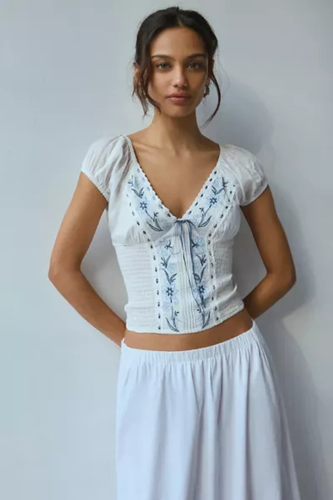 Kimchi Blue Nova Embroidered Smocked Crop Top