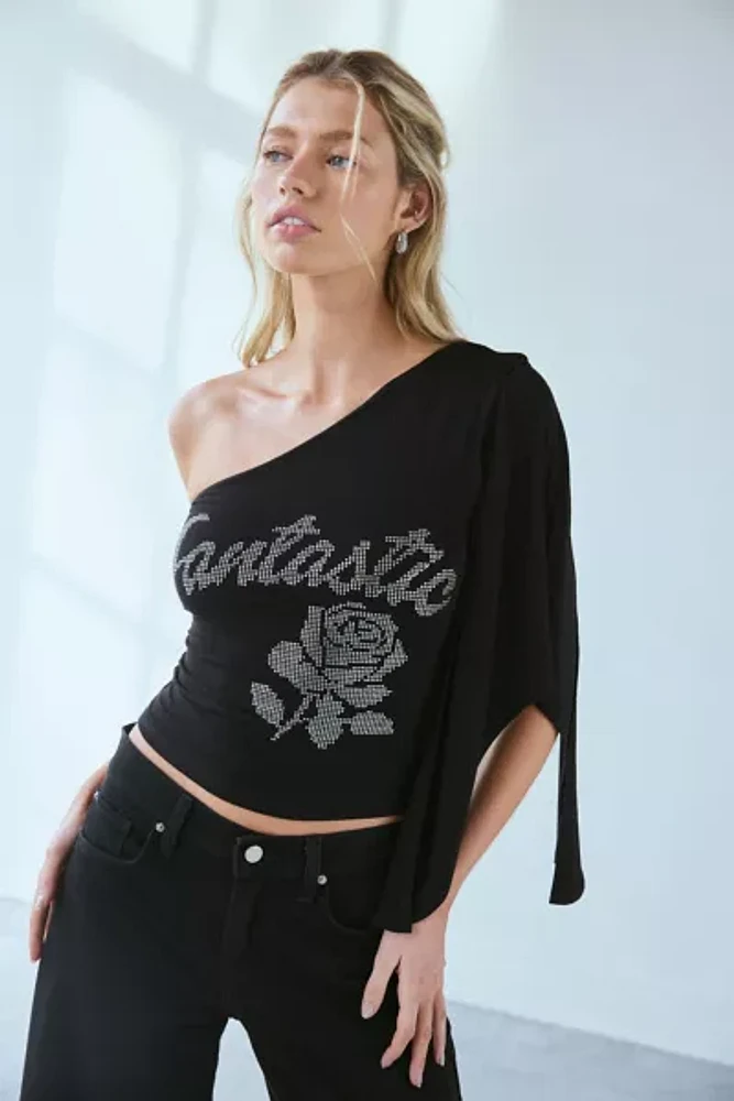 Fantastic Baby Asymmetric One-Shoulder Embellished Graphic Top