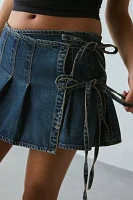 Abrand Pleated Wrap Denim Mini Skirt